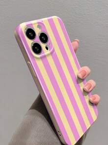 1件 極簡甜美風條紋圖案穿孔亮面薄膜全包覆硬殼手機殼，適用於 iPhone 11/12/13/14/15/16 Pro Max - 彩色 - 查看 3