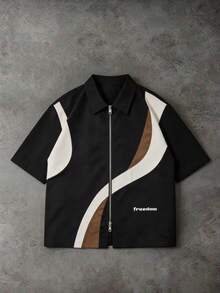 Men's Shirt With Dual-Zipper Colorblock Design & Letter Accent, New Summer Short Shirt - Black - View 5