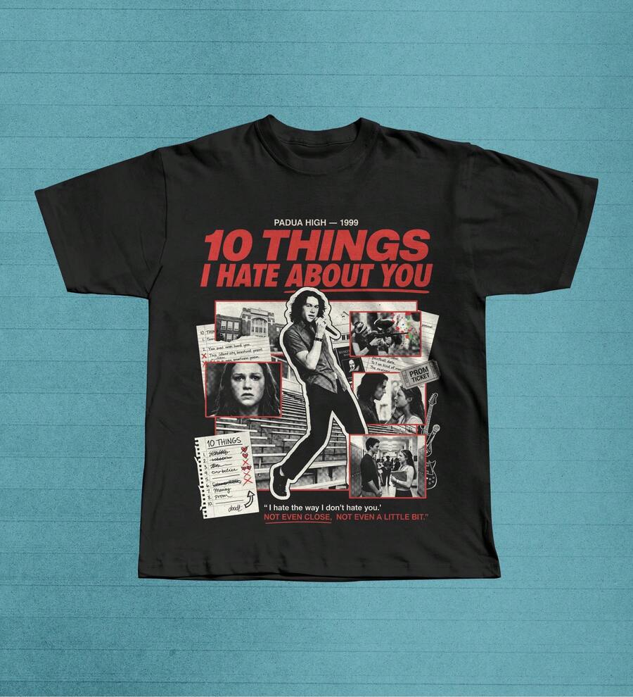 "10 Dinge, die ich an dir hasse"-T-Shirt, Vintage-T-Shirt aus der romantischen Komödie der 90er Jahre, "Patrick Verona"-Film-T-Shirt, Geschenk für Filmliebhaber - Schwarz - Übersicht 1