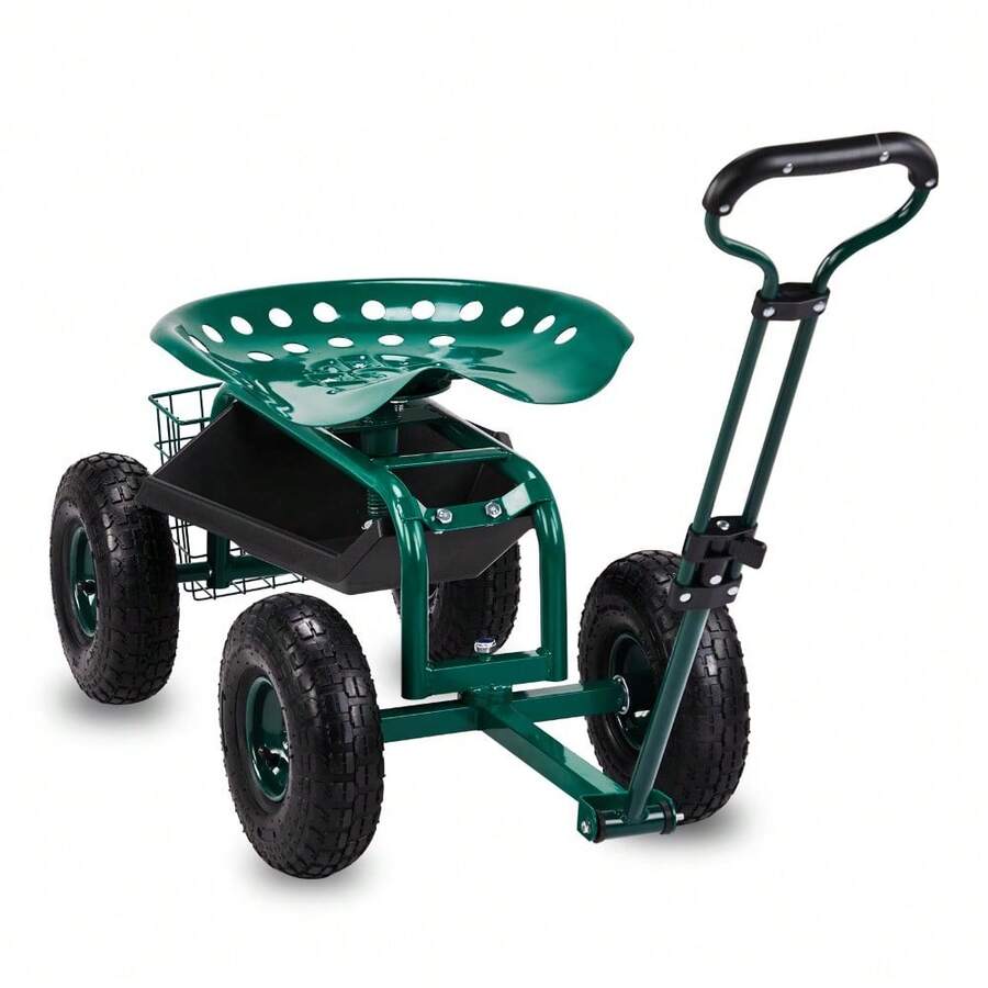 Garden Cart With Rolling Seat, Wheels, Adjustable Steering Handle & Utility Tool Tray, Planting Wagon Scooter, Gardening Tool For Senior, For Patio, Backyard, Lawn & Outdoor (Green) - Green - View 1