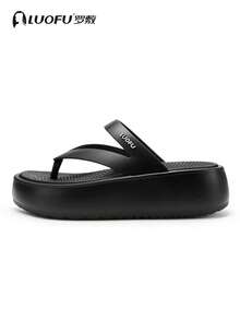 luofu Women's Thick Sole Anti-Slip Soft Elastic Flip Flops Fashion Minimalist Height-Increasing Sandals Summer Beach Slippers EVA Non-Slip Sandals - Black - View 9