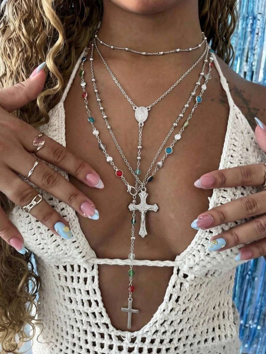 4件組人造寶石水鑽十字架項鍊套組，優雅復古性感，適合女性夏季海灘、舞會、派對穿著 - 銀色 - 查看 1
