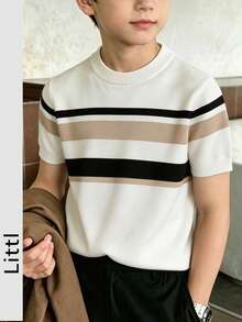 Little Boy Round Neck Color Block Striped Knit Short Sleeve Top, Casual Lightweight Pullover Sweater, Suitable For Spring, Autumn And Summer Daily Wear - Apricot - View 9