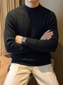Officeau 男士羅紋針織長袖T恤，修身版型，適合溫暖休閒日常穿著 - 黑色 - 查看 3