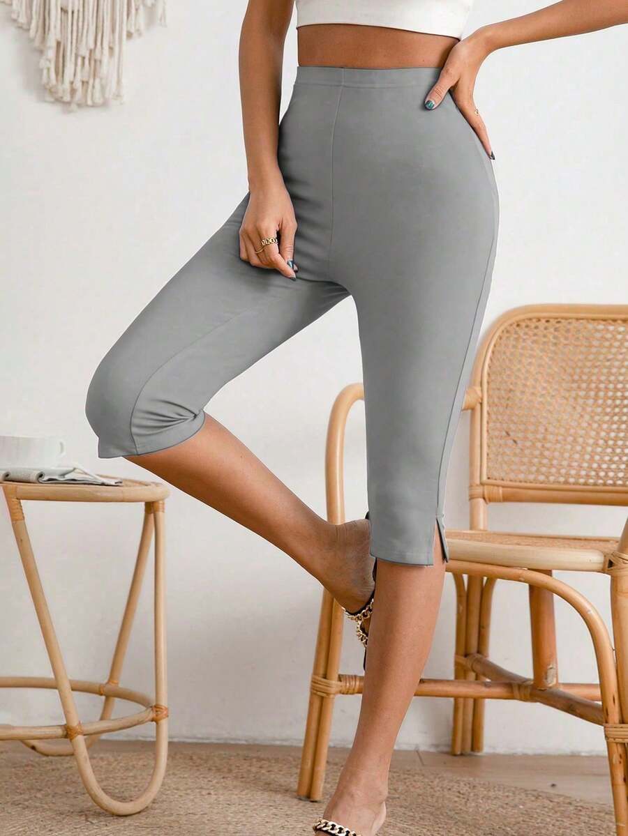 KOHE Solid Split Hem Capri Leggings - 灰色 - 查看 1