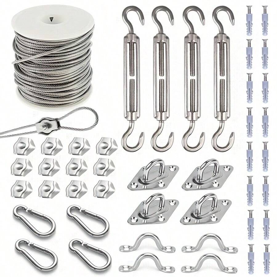 1 Set Stainless Steel Ceiling Mount Spring Hooks With 2 Locking Hooks, 360° Rotating, Rust-Proof, Suitable For Hanging Chairs, Punching Bags, Yoga Equipment And Multi-Function Fitness Accessories. Heavy Duty Stainless Steel Hardware Kit For Sun Shade Sails, Includes 98ft Steel Cable, Bolt Clips, Hooks And Mounting Accessories, Suitable For Outdoor Patio Garden Installation, Hooks And Screws, Hanging Installation - Silver - View 1
