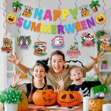 Summerween 派對裝飾橫幅套組，包含 Happy Summer 串旗、懸掛式螺旋夏威夷搞怪萬聖節夏季裝飾，適用熱帶海灘泳池萬聖節派對用品 - 夏日萬聖-A - 查看 6