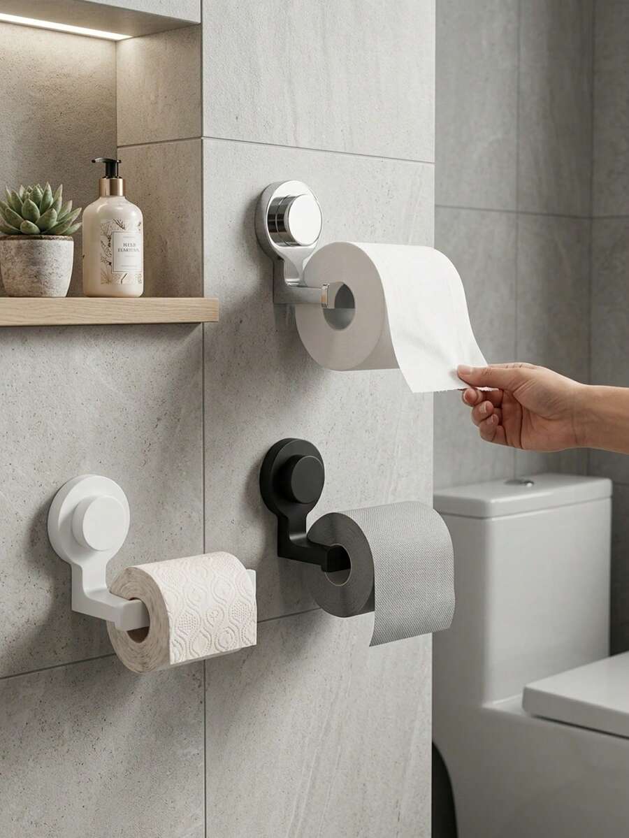 KOEMO 1pc Strong Suction Cup Toilet Paper Holder, Space-Saving Toilet Paper Roll Storage Rack, Reusable Suction Cup Design, Suitable For Bathroom/Shower Room, Ultra Non-Slip Design, Rust-Proof Plastic Material, Fits All Roll Sizes