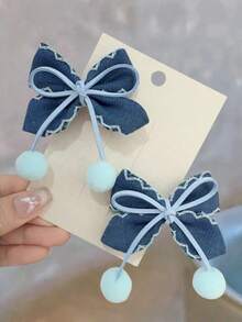2 buah Jepit Rambut Pom Pom Bentuk Angka 8 Warna Biru Denim yang Lucu dan Elegan, Cocok untuk Pemakaian Sehari-hari - Baby Blue - View 6