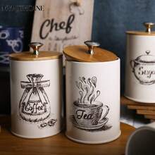 Myrothcane 3Pcs Vintage Cream Metal Canister Set With Bamboo Lids, Coffee Sugar Tea Printed Airtight Storage Jars, Farmhouse Kitchen Counter Dry Food Container Organizer - White - View 9