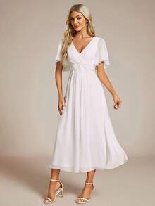 EVERPRETTY Elegant White Chiffon Wedding Guest Dress For Fall Wedding Anniversary With Floral Applique Waist And Flutter Sleeves Romantic Formal Dress - White - View 5