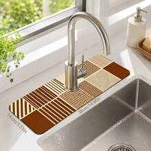 1pc Plaid Pattern Non-Slip Diatomaceous Earth Faucet Drain Mat, Quick-Drying Absorbent Sink Splash Guard, Rubber Base, Suitable For Kitchen/Bathroom Faucet - Multicolor - View 11