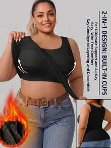 1 pieza Top de tirantes de talla grande con textura acanalada y forro polar cepillado negro, cuello U grande y cuello cuadrado 2 en 1 con relleno de sujetador incorporado sin necesidad de sujetador, top deportivo de yoga capa base para mujer - Negro - Ver 3