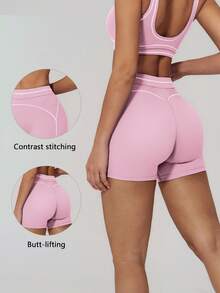TimeOff Women's 1pc Contrast Color White Line High Waist Tummy Control Sports Shorts - Pink - View 11