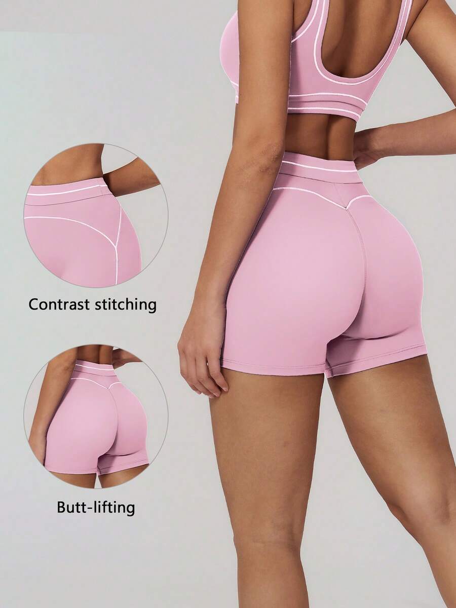 TimeOff Women's 1pc Contrast Color White Line High Waist Tummy Control Sports Shorts - Pink - View 1