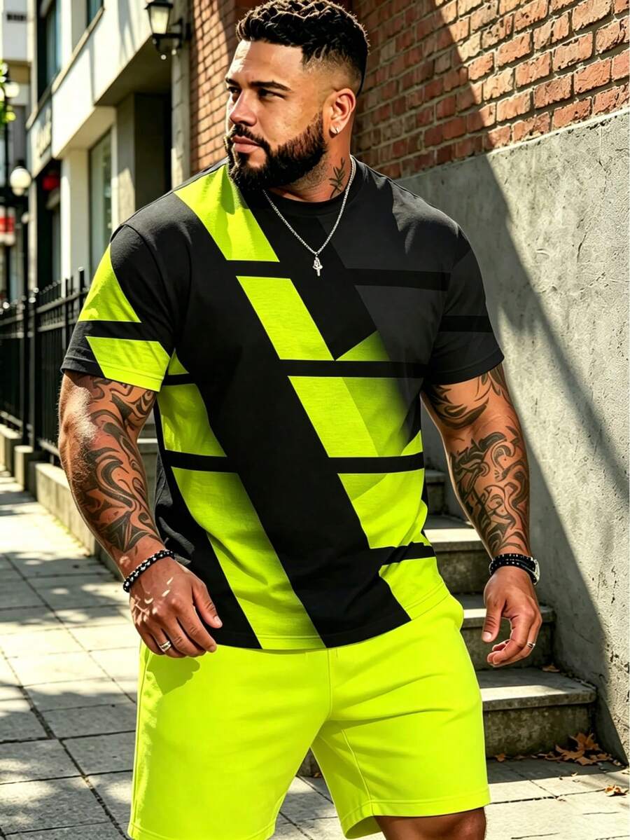 2 piezas Conjunto de ropa deportiva de estilo urbano con bloques de color en contraste y estampado geométrico neón verde para tallas grandes - Verde - Ver 1