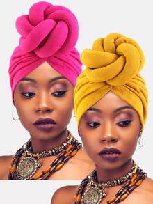 2pcs Women's Printed Turban Hat Twist Cap Style Headscarf Suitable For Daily Use - Burgundy With Yellow-green Amoeba / Red-blue Floral and Bird - View 17