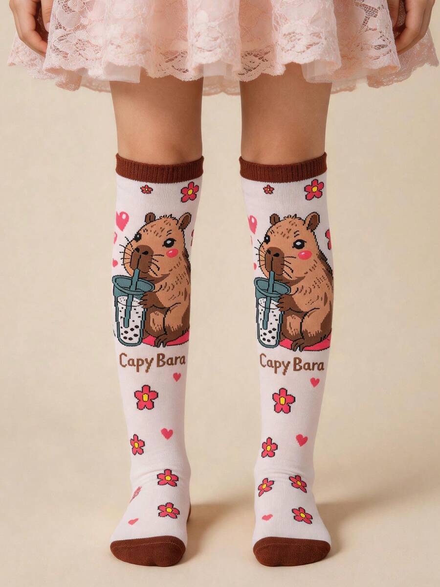 1 Pair Girls Beige Knee High Socks, Cute Bubble Tea Rodent Print Red ...