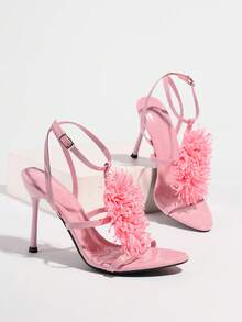 Sandales à talons hauts pour femmes, printemps été, soirée, fête, rassemblement, extérieur, mode haut de gamme, banquet, finition miroir, talon aiguille, bout pointu, fausse fourrure corail, décoration fleur 3D, glamour, sexy, cuir PU, anneau rond, fine bride, boucle, tissu miroir doux, élégant, ludique, mignon, rose, chaussures pour femmes, sandales élégantes, talons hauts décontractés - Rose bonbon - Voir 5