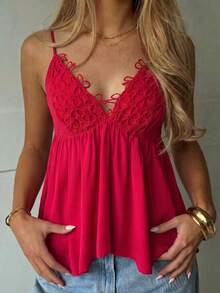 PoPoHouse Women's Summer Sexy Hot Girl Red Lace V-Neck Loose Cami Top For Loungewear Beach Vacation Daily Outings Parties Date Night - Red - View 6