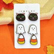 1 Set 3 Pares de Pendientes de Botón de Madera con Diseño de Dibujos Animados de Halloween, Pendientes Divertidos y Caprichosos de Maíz Dulce, Calabaza, Fantasma, Gatito, Murciélago y Telaraña, Set de Pendientes de Regalo Festivo para Mujeres - Multicolor - Ver 8