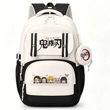 Miniso Korean Two Pieces Demon Slayer Black White Chibi Group Large Daily Backpack With Demon Mark Coin Purse, Perfect For Anime Lovers Daily Commute, Outdoor - Color 1 - View 4
