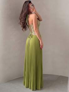 Elegant Sexy Spaghetti Strap Long Fitted Dress, Summer Green Lace Backless Ruffle Dress, Suitable For Outings, Cocktail Parties, And Formal Events - Green - View 10