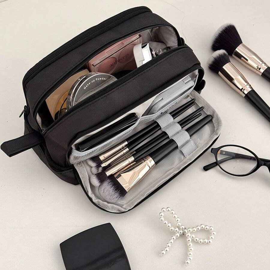 [Cosmetic Bag]Solid Color 3-Layer Fashionable Portable Travel Makeup Organizer Bag With Compartments
