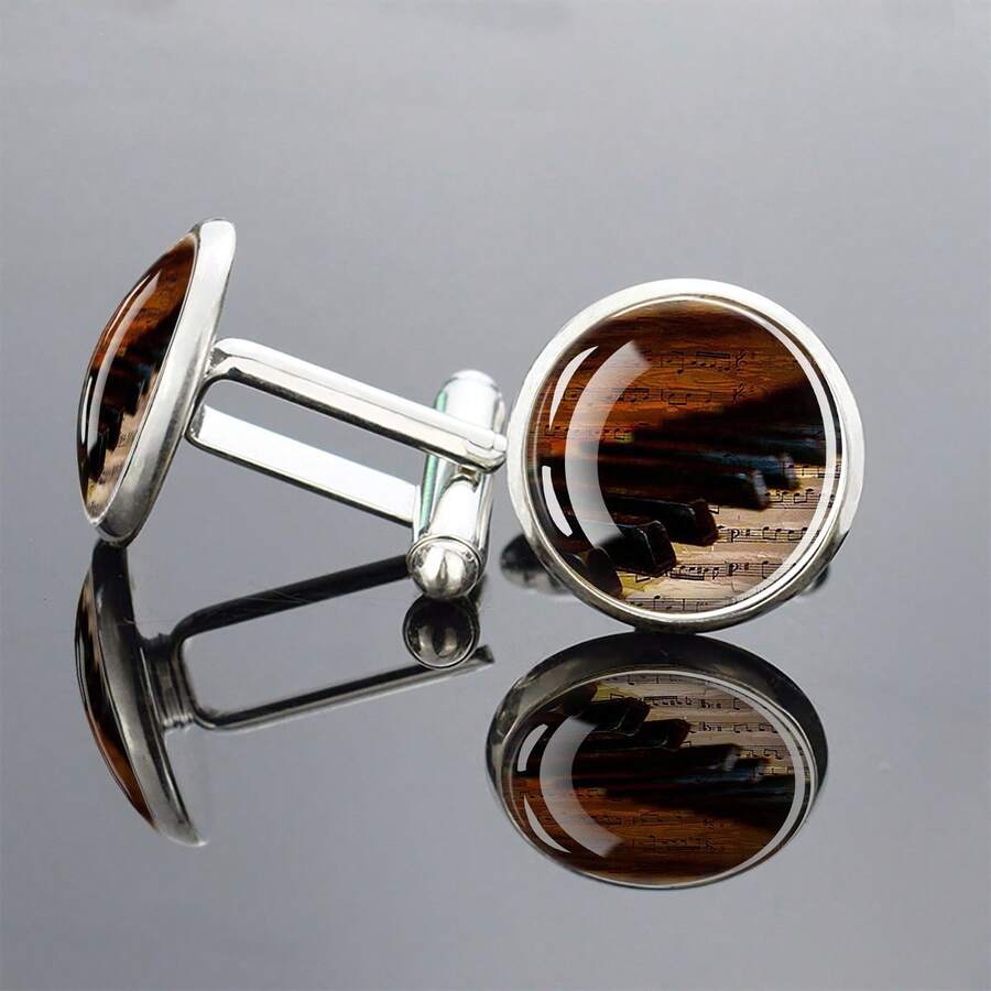 1 Pair Glass Inlaid Piano Key Music Note Cufflinks, Elegant Men's Gift, Formal Accessory, Classic Design, Premium Style - Silver - View 1