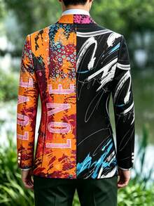 1 buah Blazer Pria Asimetris Colorblock dengan Motif Huruf LOVE dan Percikan Grafiti - Jeruk - View 3