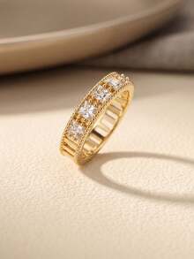 Cincin Berlian Imitasi Persegi Lebar Emas Gaya Kotak Hadiah, Perhiasan Mewah Wanita, Aksesori Pesta dan Koktail - Emas - View 3