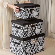 1 Set Caja de almacenamiento de estilo europeo de lino estampado con tapa, plegable, disponible en tamaños extra grande, grande y mediano, diseño de tapa superior e inferior, se puede usar como caja de almacenamiento de armario, contenedor de almacenamiento y talla grande, para dormitorio - Blanco y Negro - Ver 1