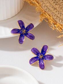 1 Pair Fashion Minimalist Floral Oil Drop Stud Earrings For Women Daily Wear - Purple - View 3