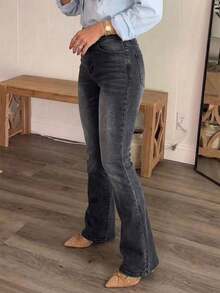 Women's Distressed Elastic Skinny Flare Jeans - Black - View 2