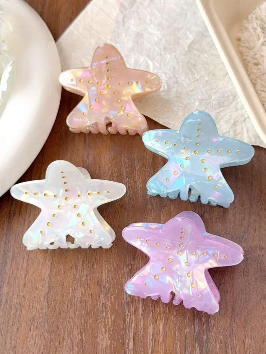 1pc Iridescent Pearl Starfish Shark Hair Claw Clip, Gradient Shell Lightweight Hair Bun Clip, Women's Beach Vacation Hair Accessory - Multicolor - View 1