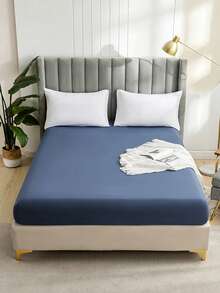 1pc Fashion Solid Color Brushed Single Fitted Sheet (Bed Cover/Mattress Protector) - Soft, Comfortable, Breathable, Anti-Pilling, Home Decor, Suitable For All Seasons; Fits Multiple Bed Sizes (Twin, Full, Queen, King); Dust-Proof Design; Pillow And Pillowcase Not Included. - Dusty Blue - View 8
