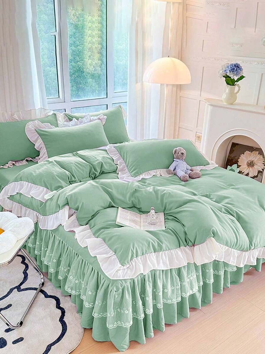 Set Sprei Selimut Lembut dan Nyaman Ramah Kulit Gaya Anak Perempuan dengan Pinggiran Bergelombang 3pcs (1*Sprei Selimut + 2*Sarung Bantal), Cocok untuk Kamar Tidur, Kamar Tamu, Dapat Dicuci dengan Mesin, Sepanjang Musim