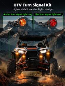 GLANBERT UTV 方向燈套件,預接線即插即用通用街頭合法 UTV 閃光燈套件,附搖桿開關、危險警示燈、110dB 喇叭,適用於 Polaris、Can-Am - 8Pods 琥珀紅燈 - 轉向信號套件 - 查看 6