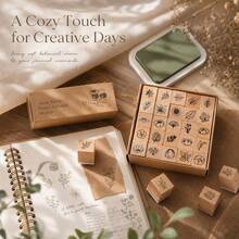 25pcs Wooden Stamp Set With Rubber Pads, Featuring 25 Cute Simple Line Drawing Designs Of Weather, Expressions, Butterflies, Plants, In Ins Style And Vintage Planner Aesthetic, Ideal For Students, Planner Enthusiasts And DIY Crafters - A - View 10