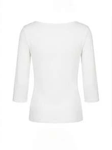 半開領鈕扣 3/4 袖基礎休閒白色 T-shirt - 白色 - 查看 3