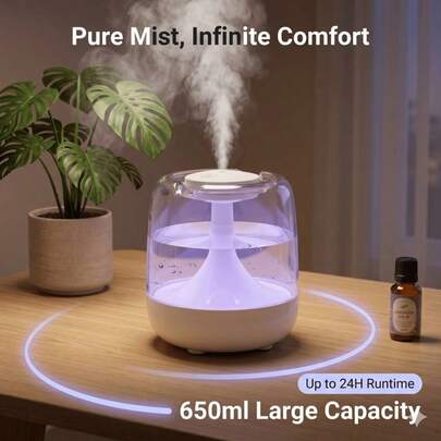 White Small Home Humidifier For Bedroom, Large Mist Aroma Diffuser With Ambient Light, Super High Fog Output USB Air Humidifier