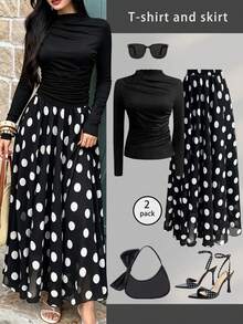 1 Set Top de manga larga fruncido de unicolor + Falda con estampado de lunares, Primavera casual y elegante - Blanco y Negro - Ver 1
