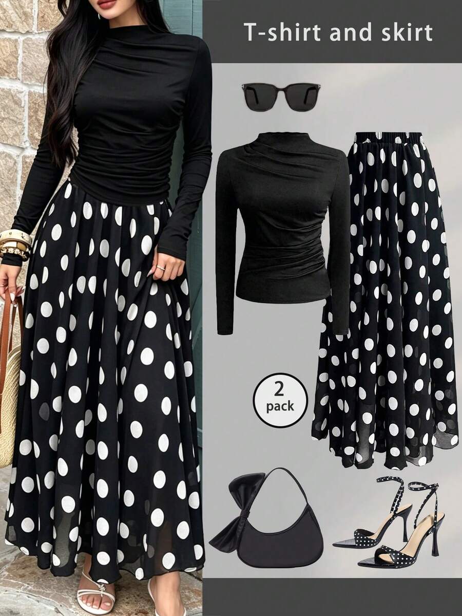 1 Set Top de manga larga fruncido de unicolor + Falda con estampado de lunares, Primavera casual y elegante - Blanco y Negro - Ver 1