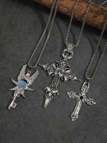 3pcs Vintage Gothic Punk Cross & Flame Cross Stainless Steel Necklace Set For Men - Silver - View 10