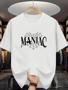 New Summer Collection MANIAC Letter Print Classic  Men'S Casual Stylish Short-Sleeve Stretchy Ribbed Round-Neck Comfortable Breathable T-Shirt - 黑色 - 查看 9