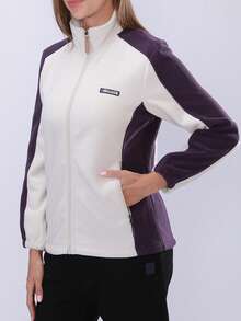 Women's Autumn/Winter Colorblock 330g Fleece Jacket, Stand Collar Zip-Up Jacket With Zipper Pockets Sports White - White - View 3