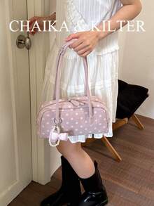 CHAIKA & KILTER 1 buah Tas Bahu Bowling Fashion Wanita Bahan PU Warna Solid dengan Jahitan Quilted Kontras Polka Dot di Seluruh Permukaan, Desain Pegangan Ganda, Penutup Resleting, Cocok untuk Penggunaan Sehari-hari dan Jalanan (Dijual dengan Liontin) - Berwarna merah muda - View 6