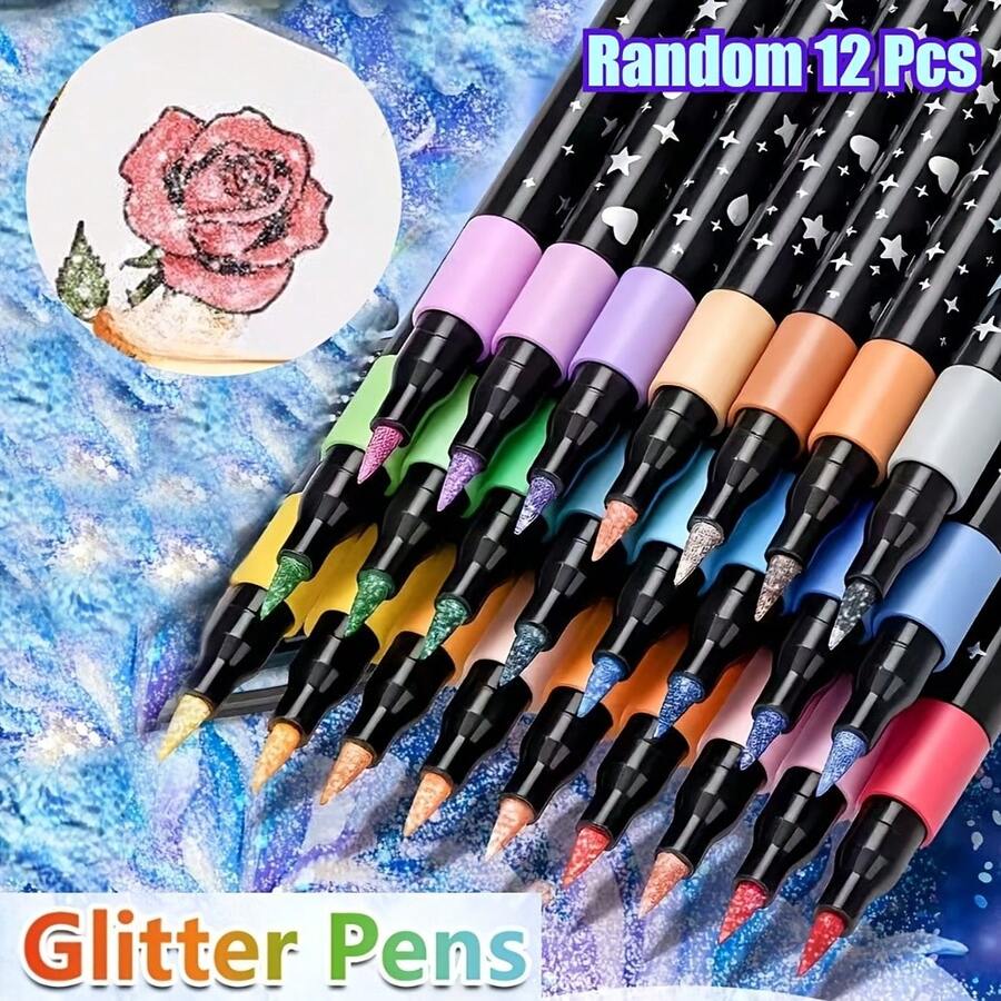 12pcs Random Color Glitter Gel Pens, Vibrant Watercolor Markers, Professional Art Markers, Suitable For Painting, DIY Crafts, Greeting Cards And Sketching - One Size Fits All - View 1