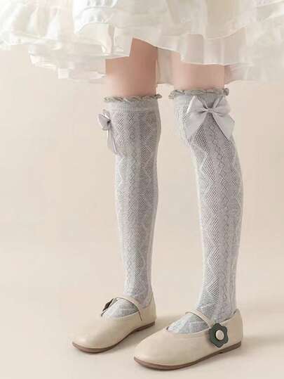 1 Pair Kids Socks . Mesh Over-The-Knee Socks With Large Diamond Pattern And Bow, Children's Long Socks