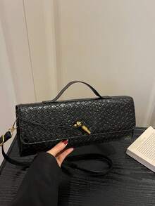 Women's Woven Evening Clutch, Rectangular Handbag With Top Handle And Detachable Crossbody Strap, Vintage Minimalist Shoulder Bag, Suitable For Parties And Daily Commute - Black - View 7